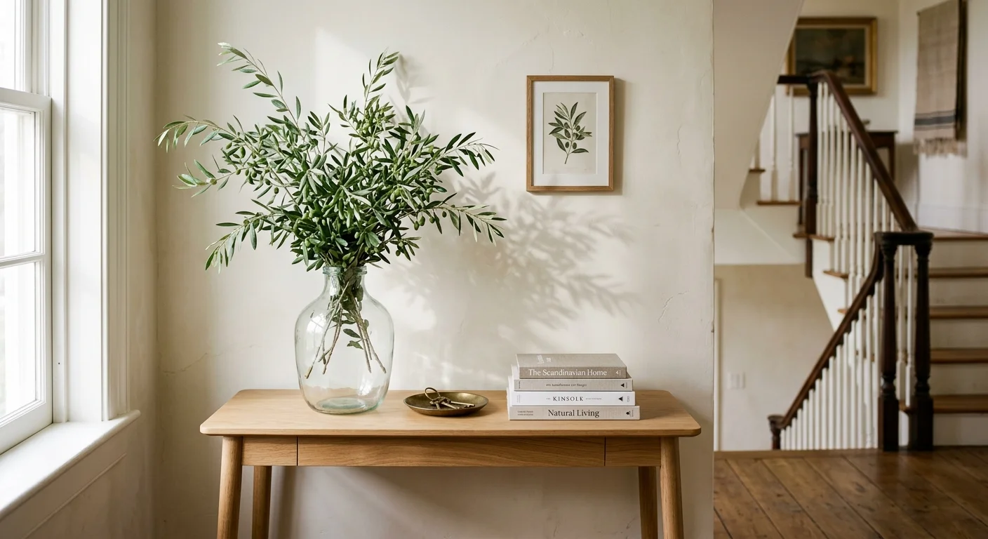 A white oak console table on a stair landing decorated with a vase of fresh olive branches, art books, and brass accents.