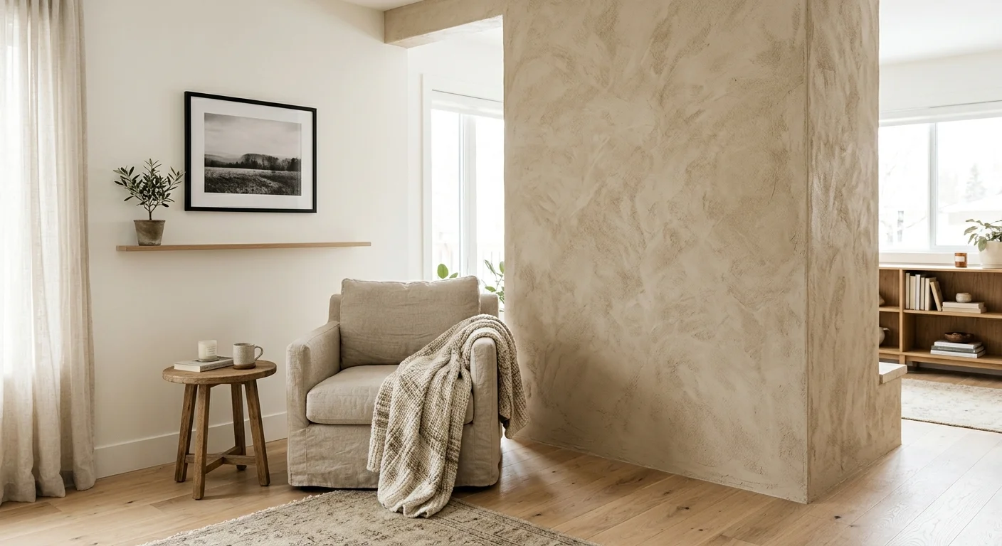 A wide-angle photograph of a living room showing a balanced mix of a textured plaster accent wall and a clean painted wall.