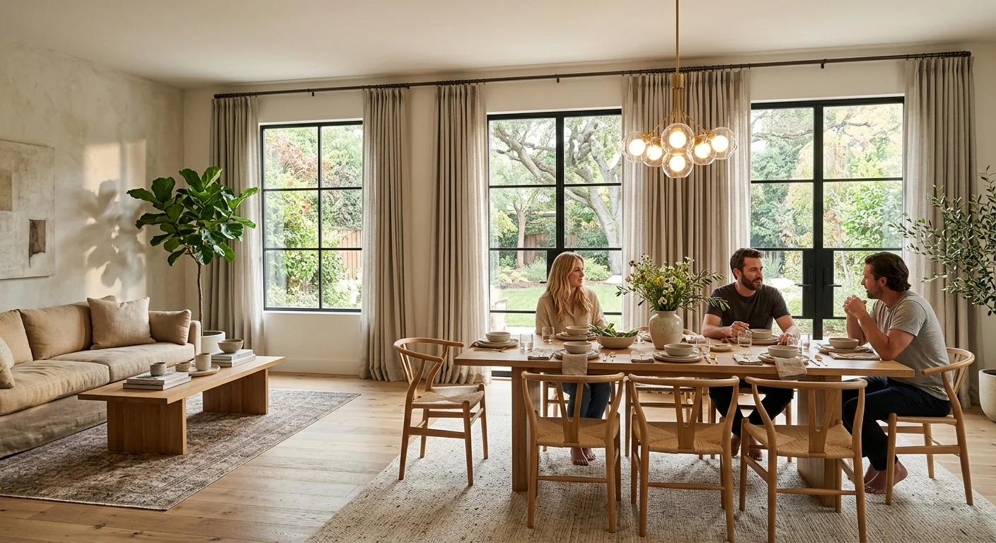 A wide, beautiful view of an open-concept dining room with continuous, perfectly hung linen curtains on large windows.