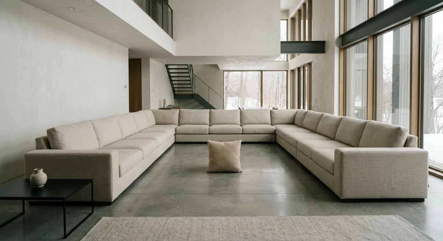 A wide photo of a massive oatmeal-colored sectional sofa with only a single, tiny beige pillow sitting lost in the center.