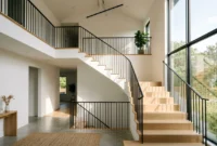 A wide shot of a modern staircase with white oak treads, a minimalist black steel railing, and bright sunbeams illuminating the landing.