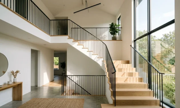 A wide shot of a modern staircase with white oak treads, a minimalist black steel railing, and bright sunbeams illuminating the landing.