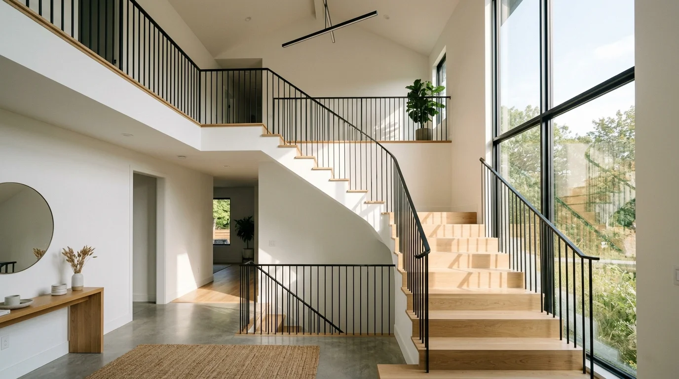 A wide shot of a modern staircase with white oak treads, a minimalist black steel railing, and bright sunbeams illuminating the landing.
