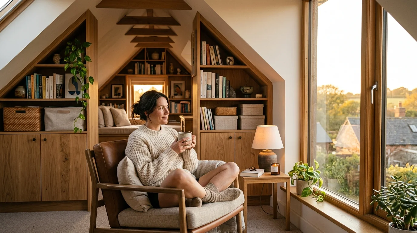 A woman relaxes in a beautifully designed attic room with custom wood storage integrated into the sloped walls.