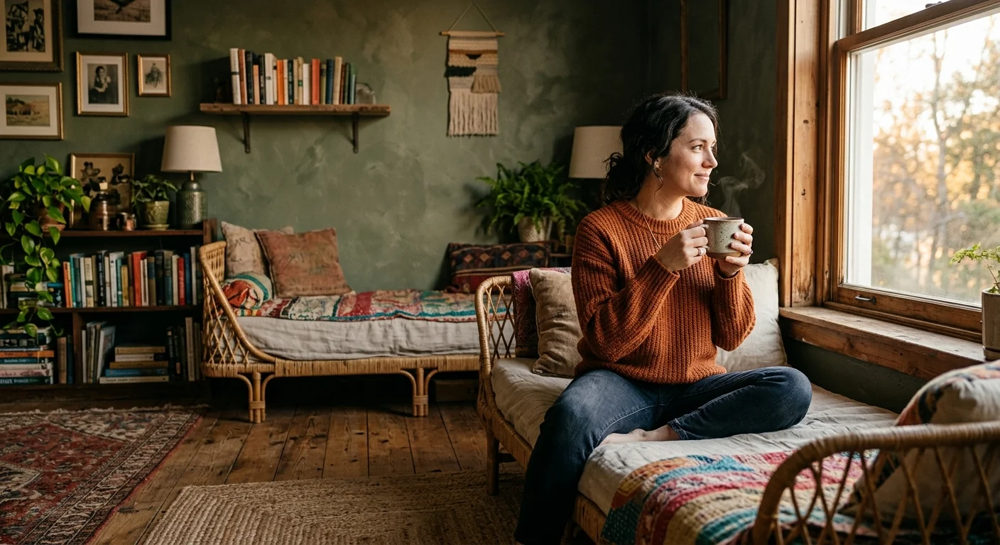 A woman relaxes in a beautifully eclectic living room filled with mixed textures, warm wood, and layered rugs.