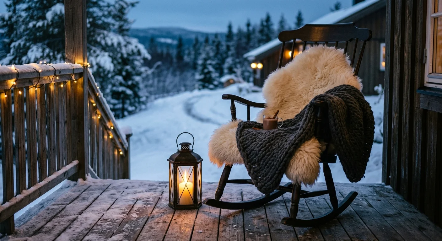 A wooden rocking chair layered with a plush sheepskin and a gray wool blanket next to a glowing candle lantern on a snowy deck.
