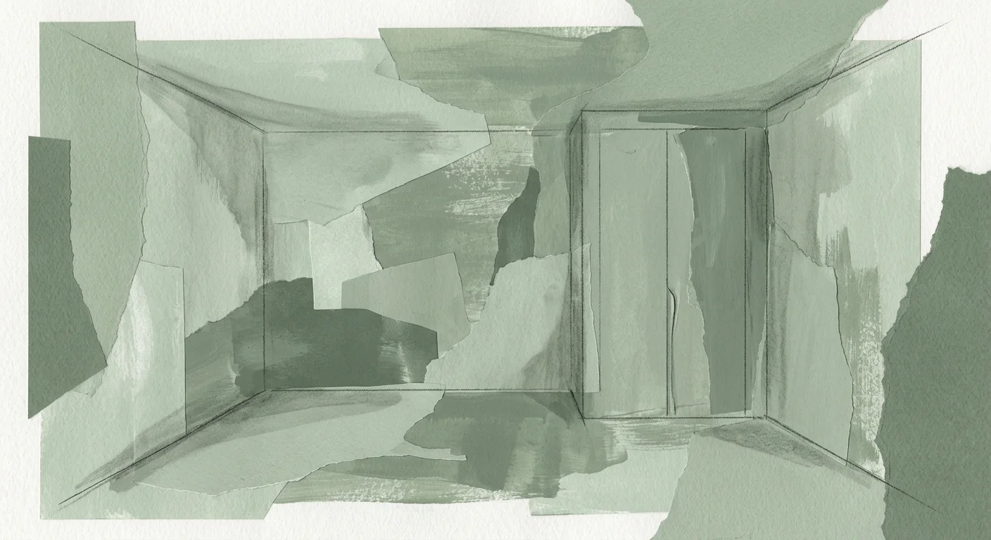 Abstract gouache collage in monochromatic sage green representing a room expanding through continuous color.