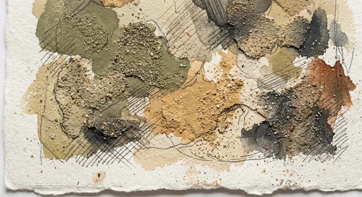 An abstract gouache painting depicting the gritty, mineral texture of sand-infused paint in dusty olive and sandy tones.