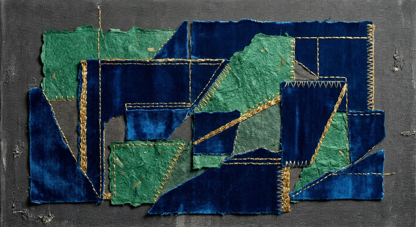 An abstract mixed-media collage featuring deep sapphire blue velvet, emerald paper, and gold thread in a geometric layout.