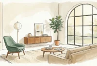 An airy, elegant living room illustration with floated furniture and soft incoming light.