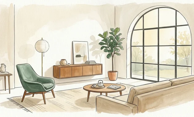 An airy, elegant living room illustration with floated furniture and soft incoming light.