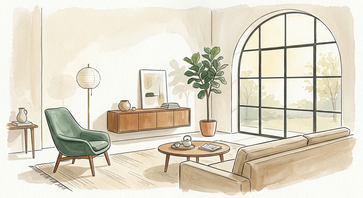 An airy, elegant living room illustration with floated furniture and soft incoming light.