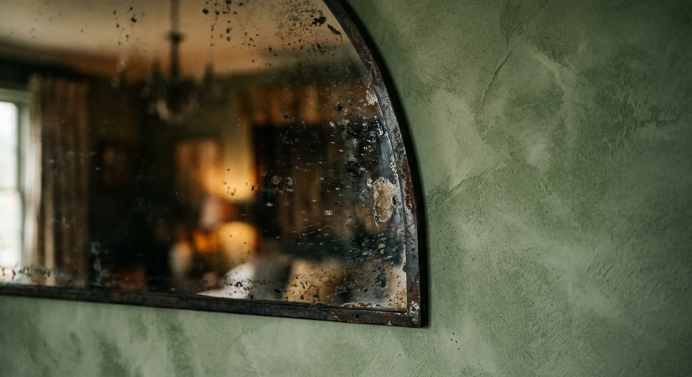 An antiqued, foxed mirror with a dark metal frame mounted on a high-texture sage green Venetian plaster wall.