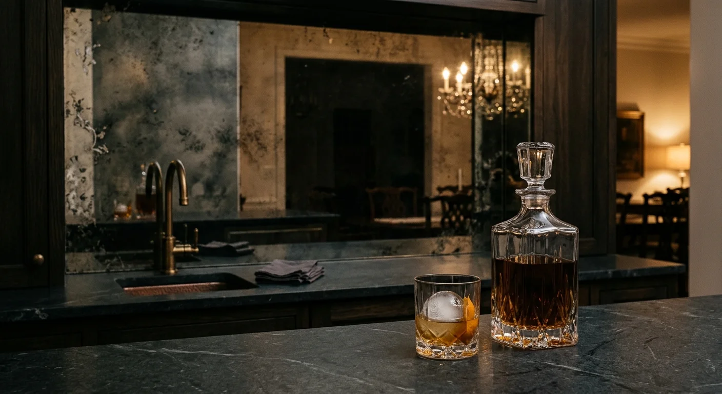 An antiqued mirror backsplash reflecting a softly lit dining room, styled with a crystal decanter on a dark soapstone counter.
