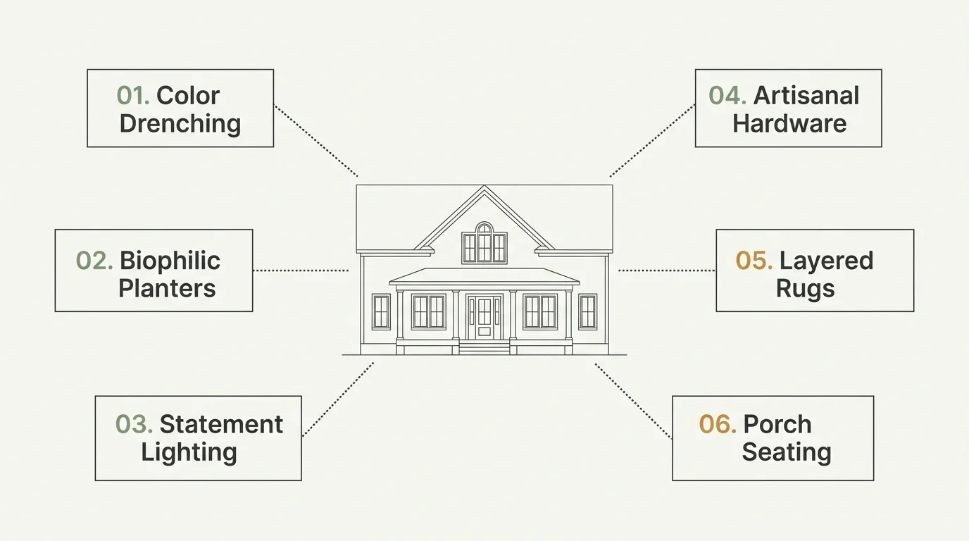 An architectural concept diagram mapping out six key updates—color, lighting, planters, hardware, rugs, and seating—on a house drawing.