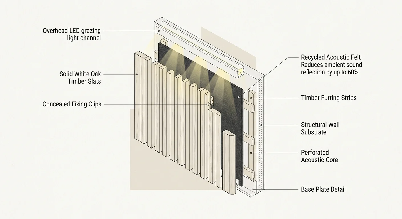 An architectural cross-section diagram of a fluted wood panel wall showing oak slats over acoustic felt with callouts.