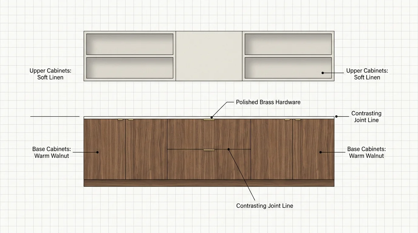 An architectural design diagram illustrating a two-tone kitchen cabinet scheme with walnut base cabinets and soft linen upper cabinets.