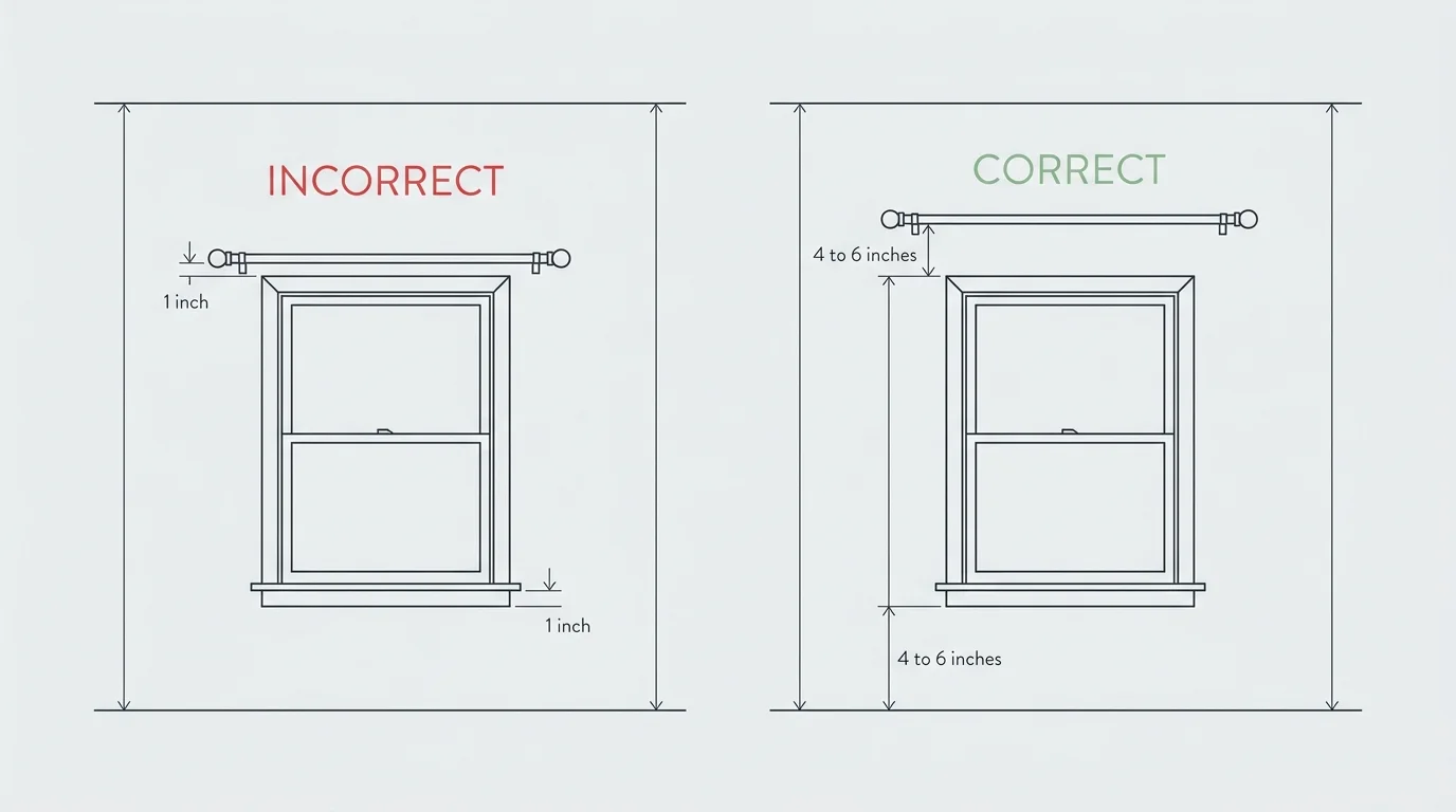 An architectural diagram comparing incorrect low curtain rod mounting with correct high mounting 4 to 6 inches above the frame.