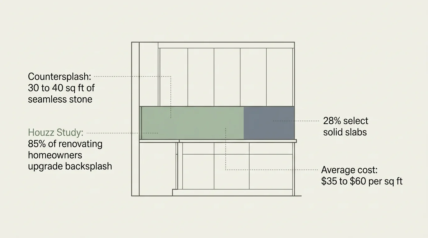 An architectural diagram illustrating the dimensions and renovation statistics of a seamless solid slab countersplash.