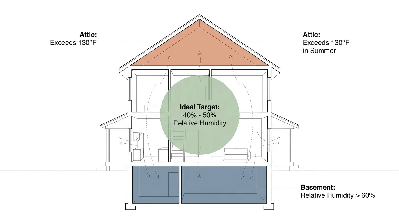 An architectural diagram of a house showing extreme attic heat and basement humidity levels compared to the ideal target range.