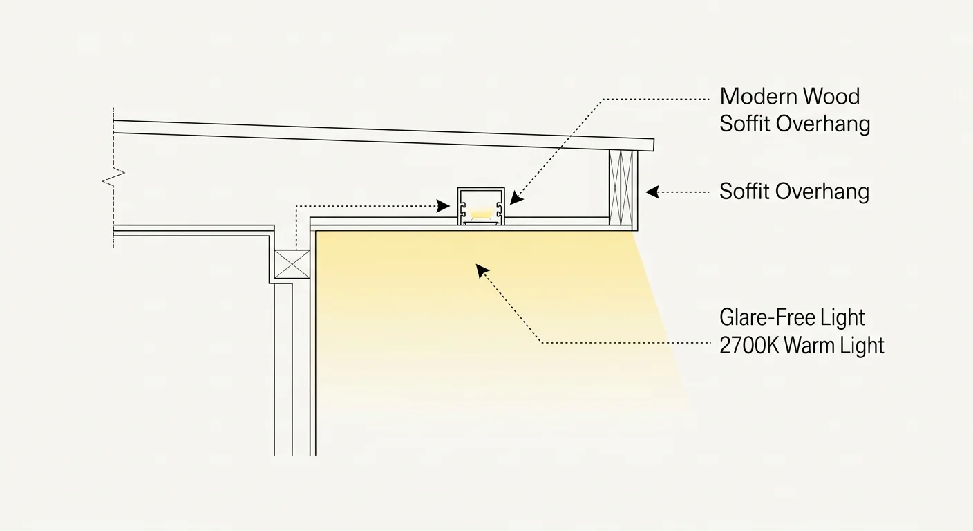 An architectural diagram showing a cross-section of a linear LED strip recessed into a wooden soffit ceiling.