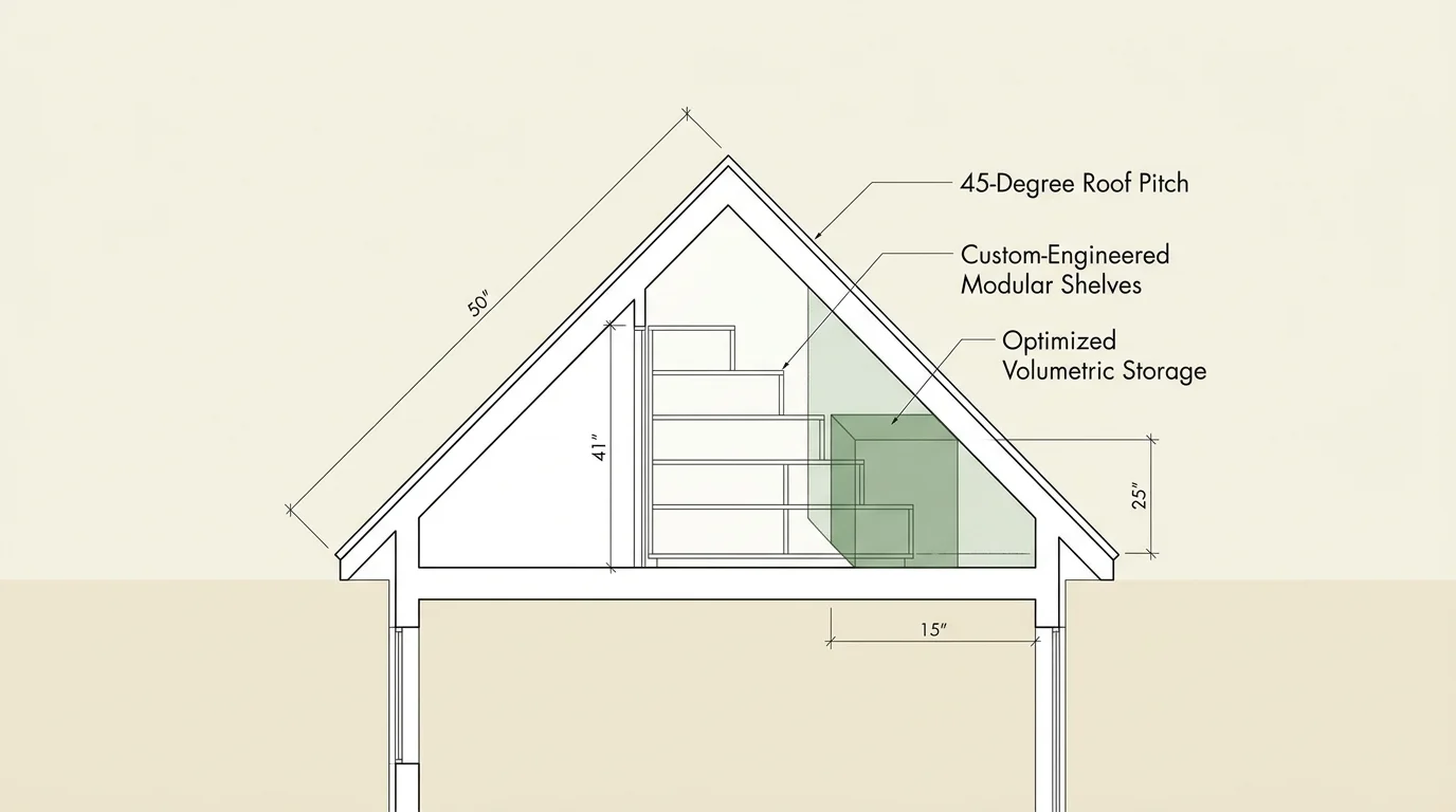 An architectural diagram showing how custom stepped modular shelving fits perfectly into a 45-degree sloped attic roofline.