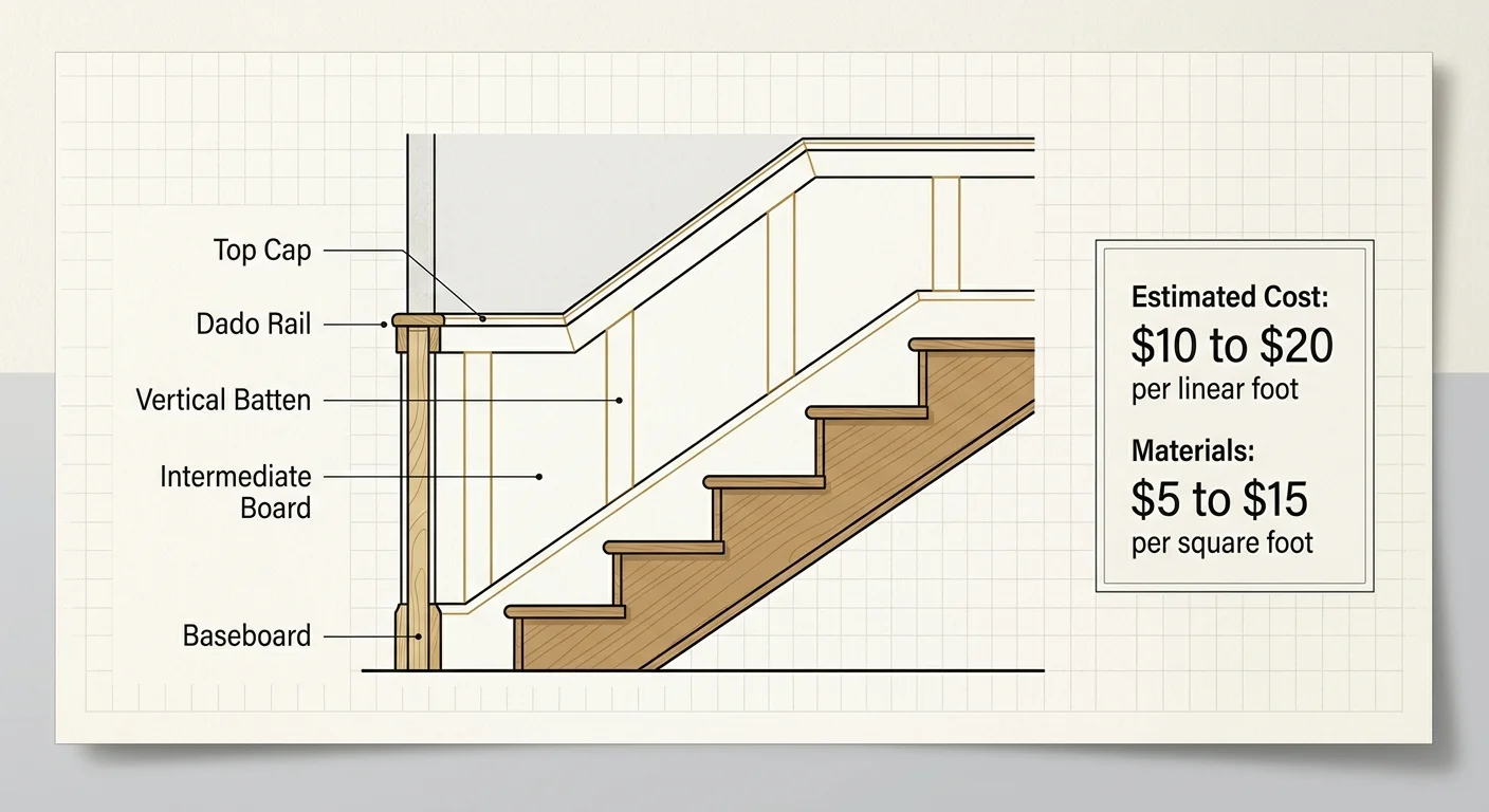 An architectural diagram showing wainscoting installation steps on a staircase wall, labeled with dimensions and project costs.
