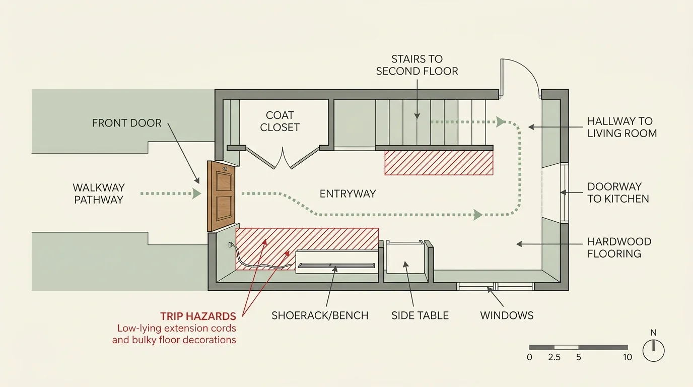 An architectural entryway floor plan diagram showing safe, clear pathways and red-marked hazard zones.