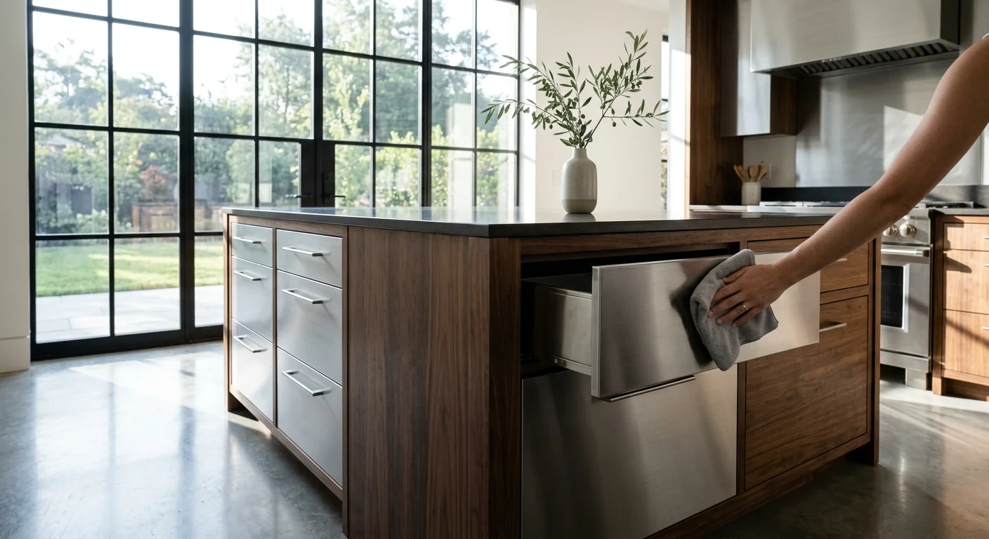 An architectural kitchen scene of a hand polishing integrated stainless steel drawers on a dark walnut island in morning light.