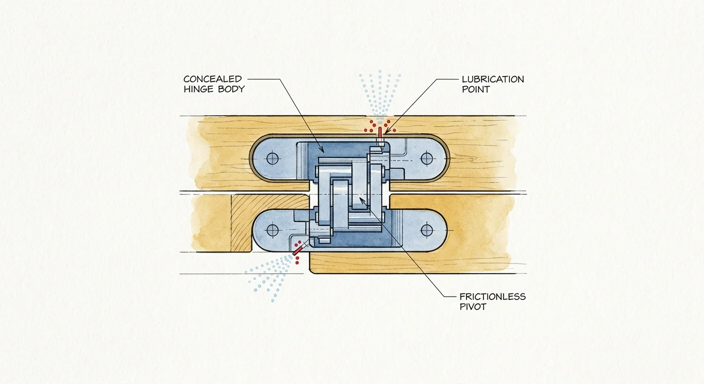 An architectural pen-and-ink diagram of a concealed door hinge, with labels indicating lubrication points and internal mechanics.