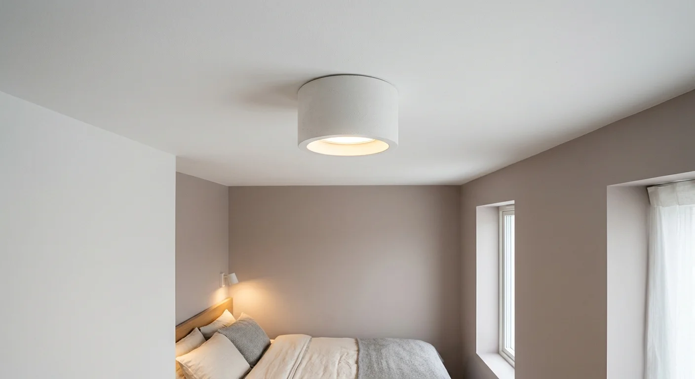 An architectural photo of a clean white cylindrical flush-mount ceiling light casting a soft, downward pool of warm ambient light.