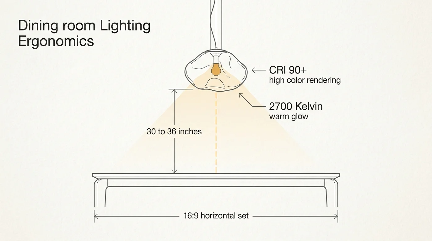 An architectural schematic diagram illustrating the correct hanging height of 30 to 36 inches for a dining room pendant light.