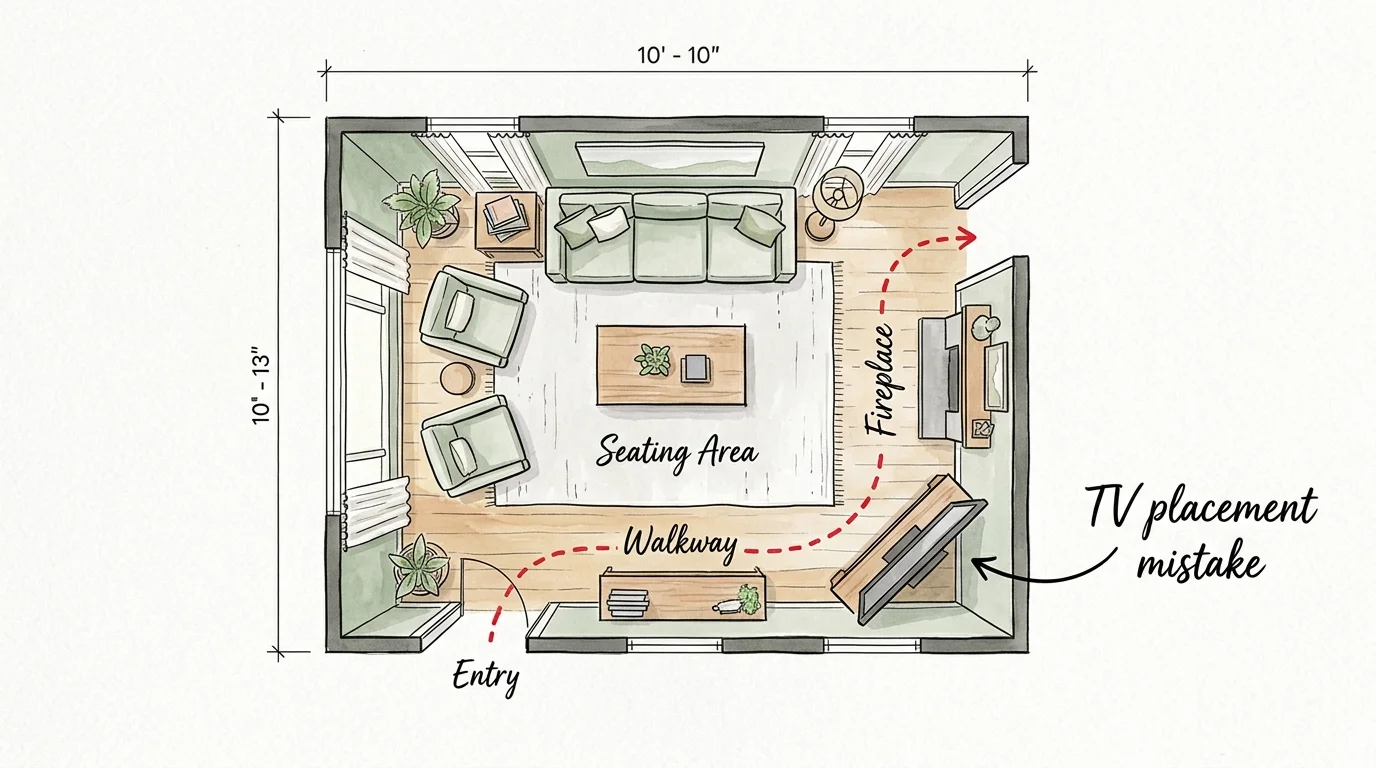 An architectural watercolor floor plan showing a TV awkwardly placed in a corner, blocking a natural walkway path.