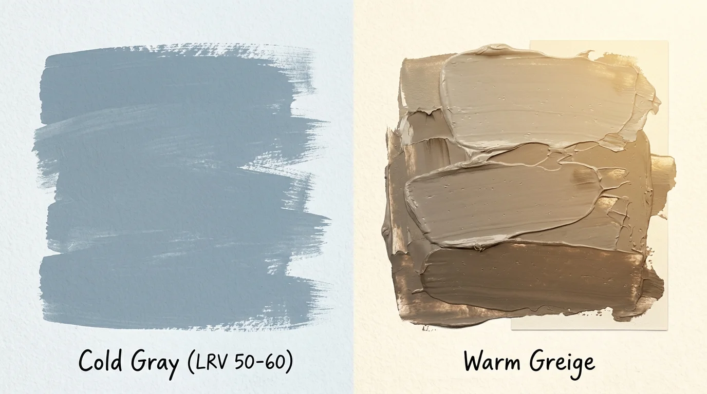 An artistic comparison of a flat, cool gray paint swatch with a warm, textured greige paint swatch.