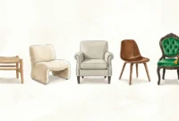 An artistic gouache illustration displaying five different styled chairs representing diverse interior decorating styles.