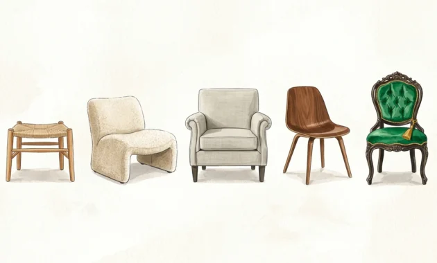 An artistic gouache illustration displaying five different styled chairs representing diverse interior decorating styles.