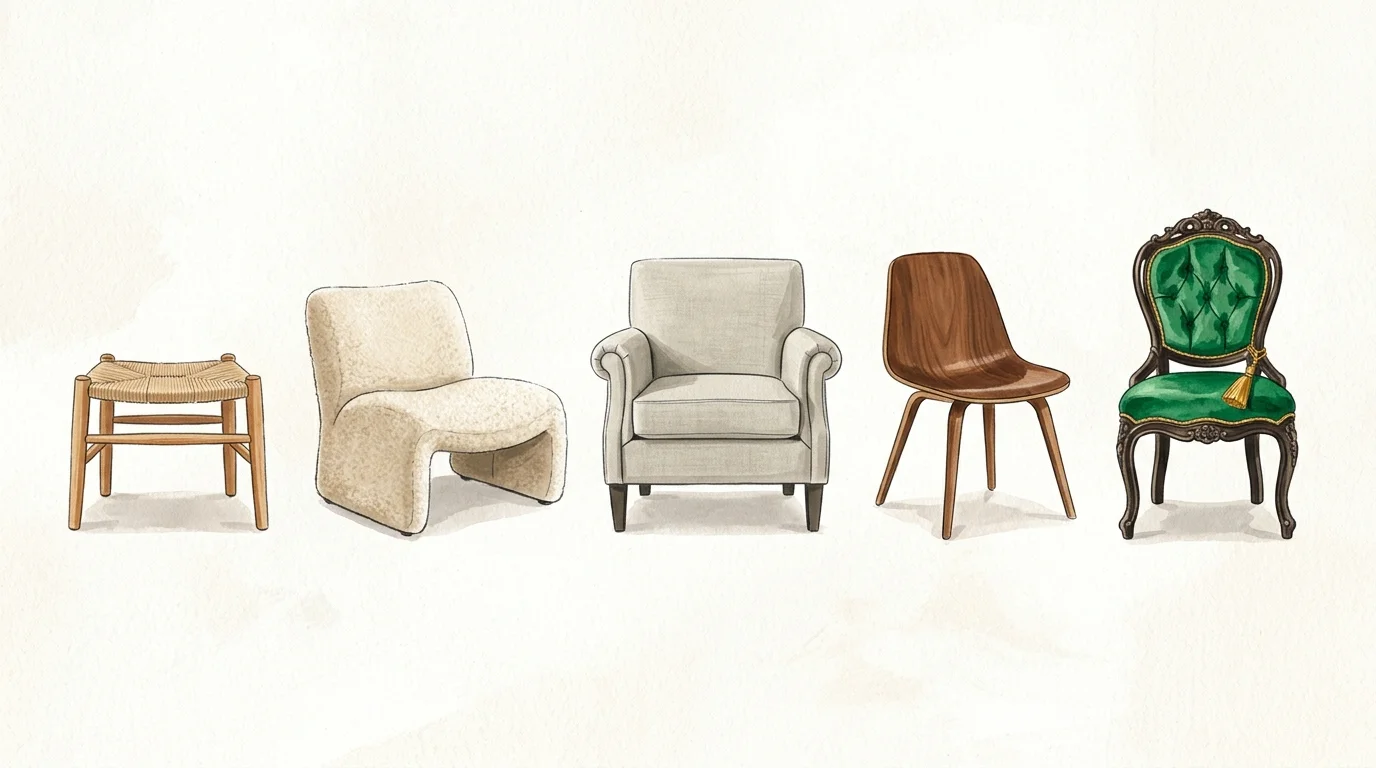 An artistic gouache illustration displaying five different styled chairs representing diverse interior decorating styles.