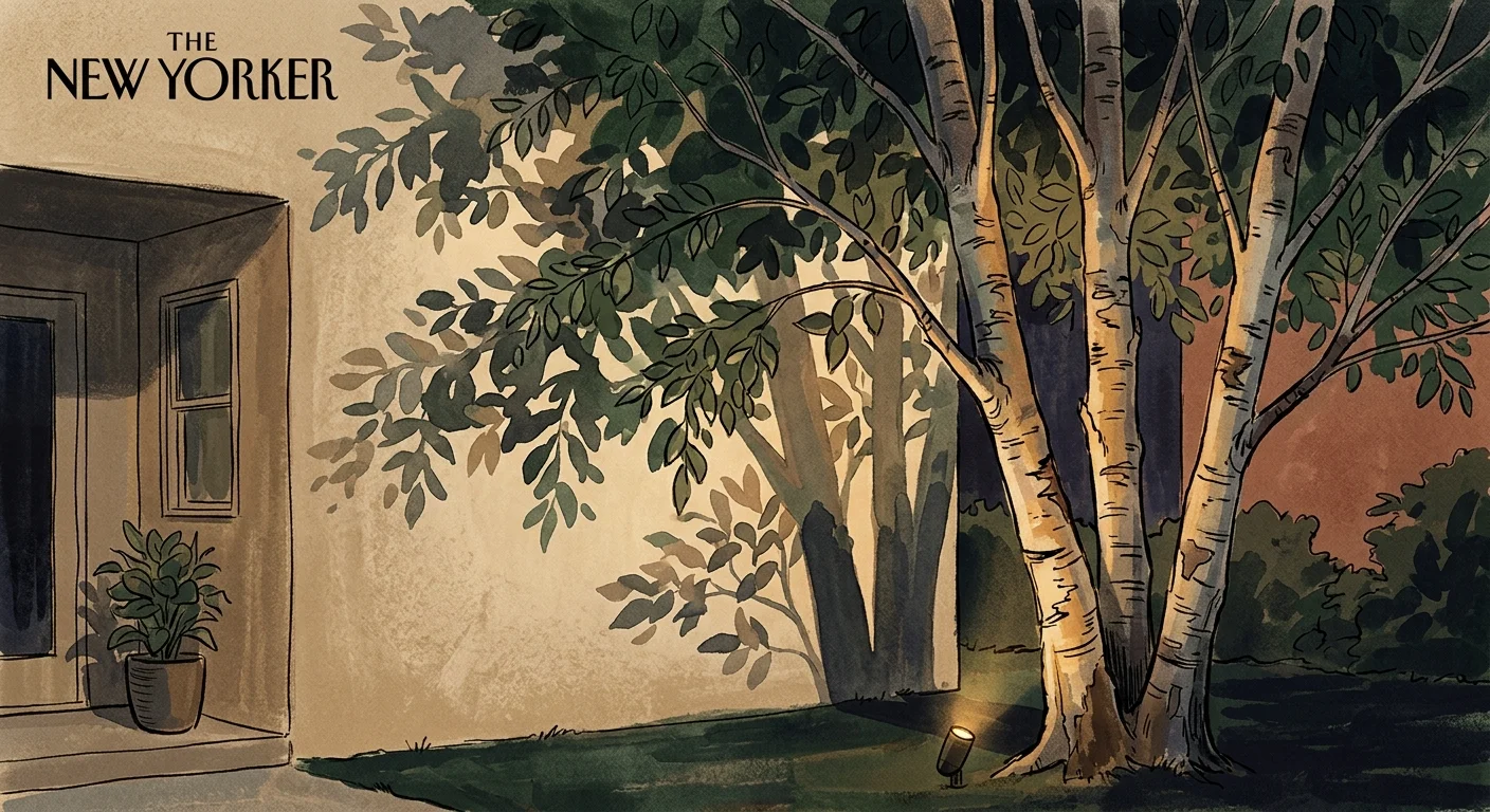 An artistic gouache illustration of a birch tree lit from below, casting beautiful leaf shadows onto a stucco house wall.