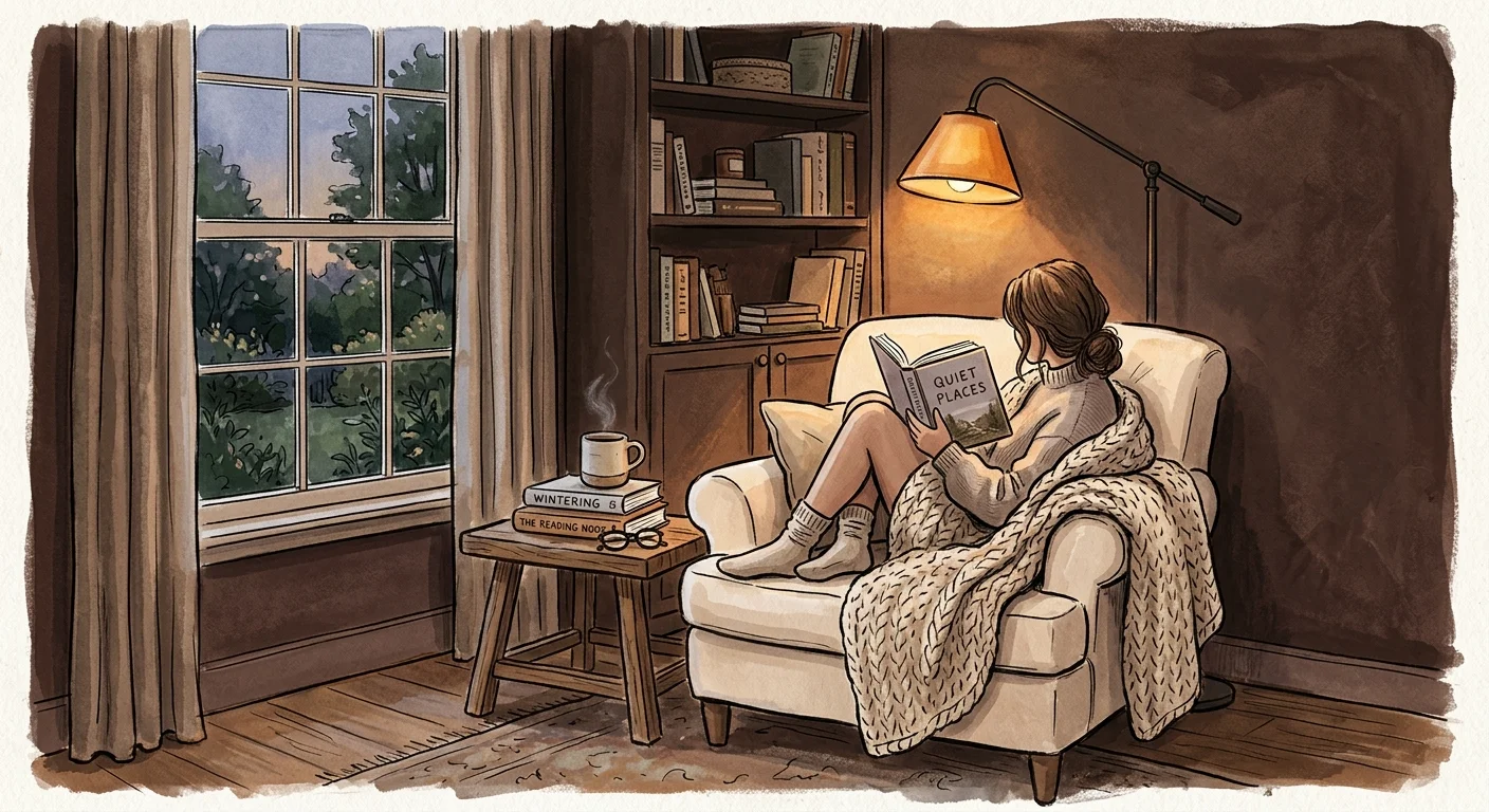 An artistic gouache illustration of a cozy reading nook with rich, deep taupe walls and a warm glowing lamp.
