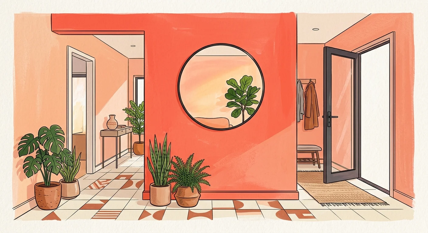 An artistic gouache illustration of an entryway with energetic coral and peach walls and a round modern mirror.