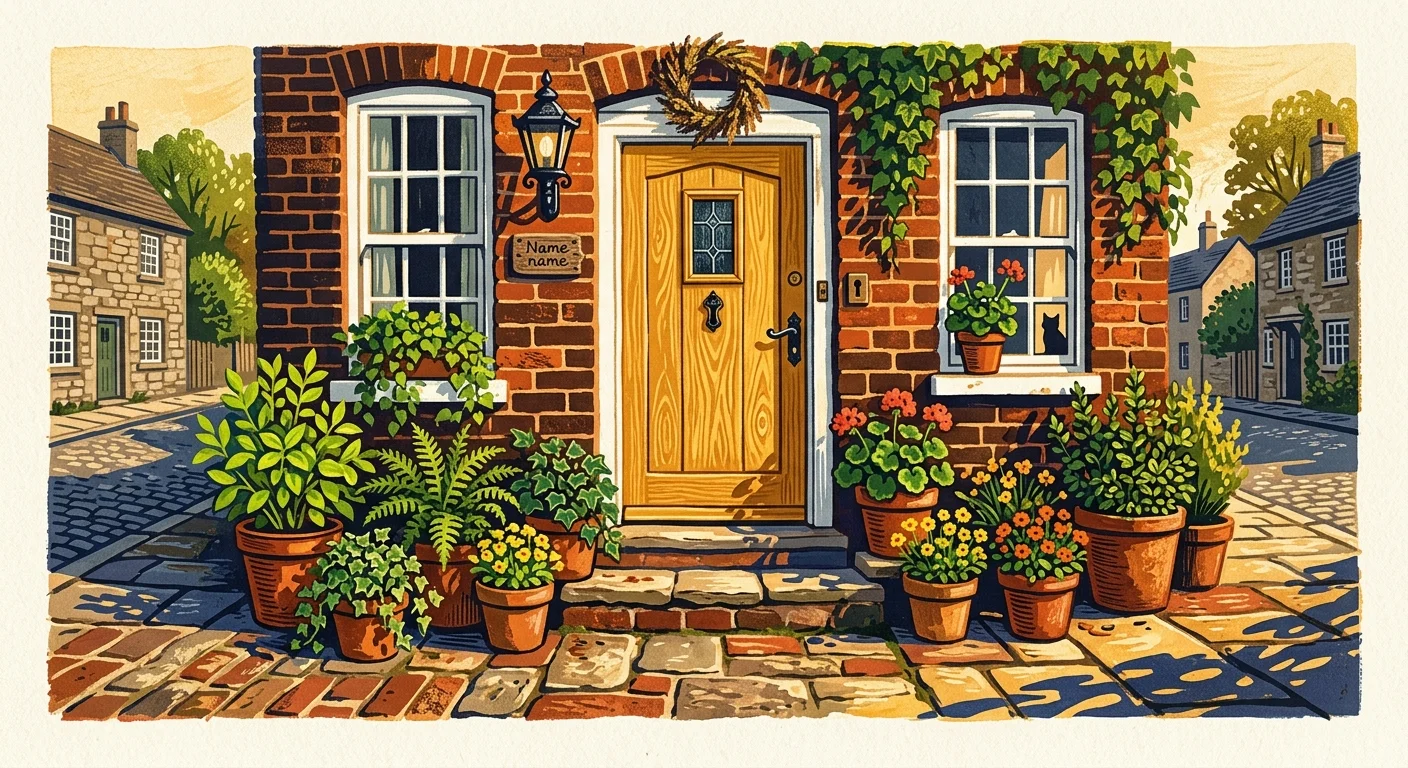 An artistic gouache painting of a historic townhome entrance with a vibrant, sunlit honey ochre front door.