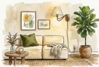 An artistic watercolor illustration of an elevated rental living room corner with a low-slung sofa, a potted plant, and a brass wall sconce.