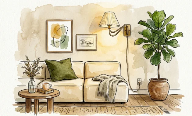 An artistic watercolor illustration of an elevated rental living room corner with a low-slung sofa, a potted plant, and a brass wall sconce.