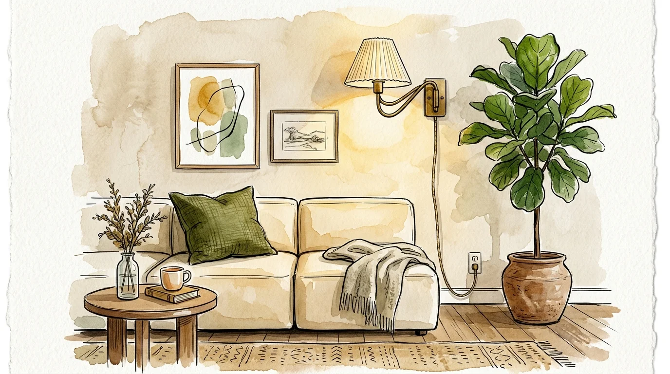 An artistic watercolor illustration of an elevated rental living room corner with a low-slung sofa, a potted plant, and a brass wall sconce.