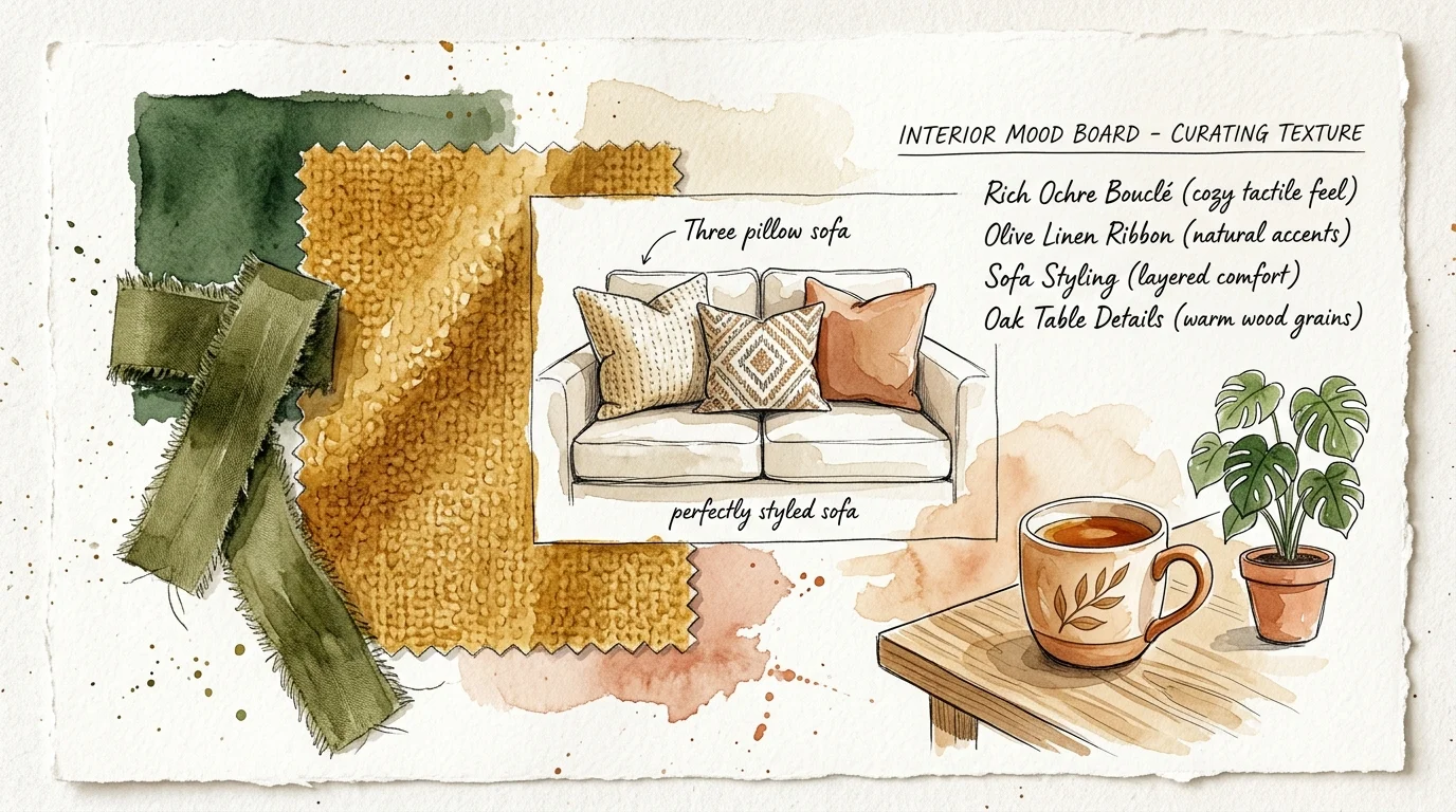 An artistic watercolor mood board illustration showing textile swatches, a sketched pillow arrangement, and cozy design notes.