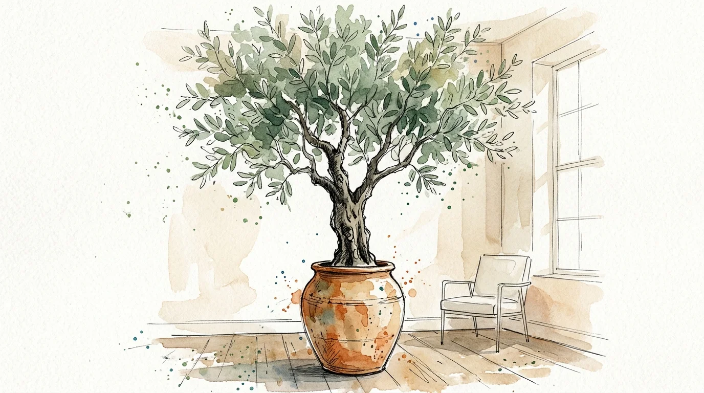 An artistic watercolor sketch of a tall, potted olive tree in a large clay pot, showcasing dramatic botanical scale.