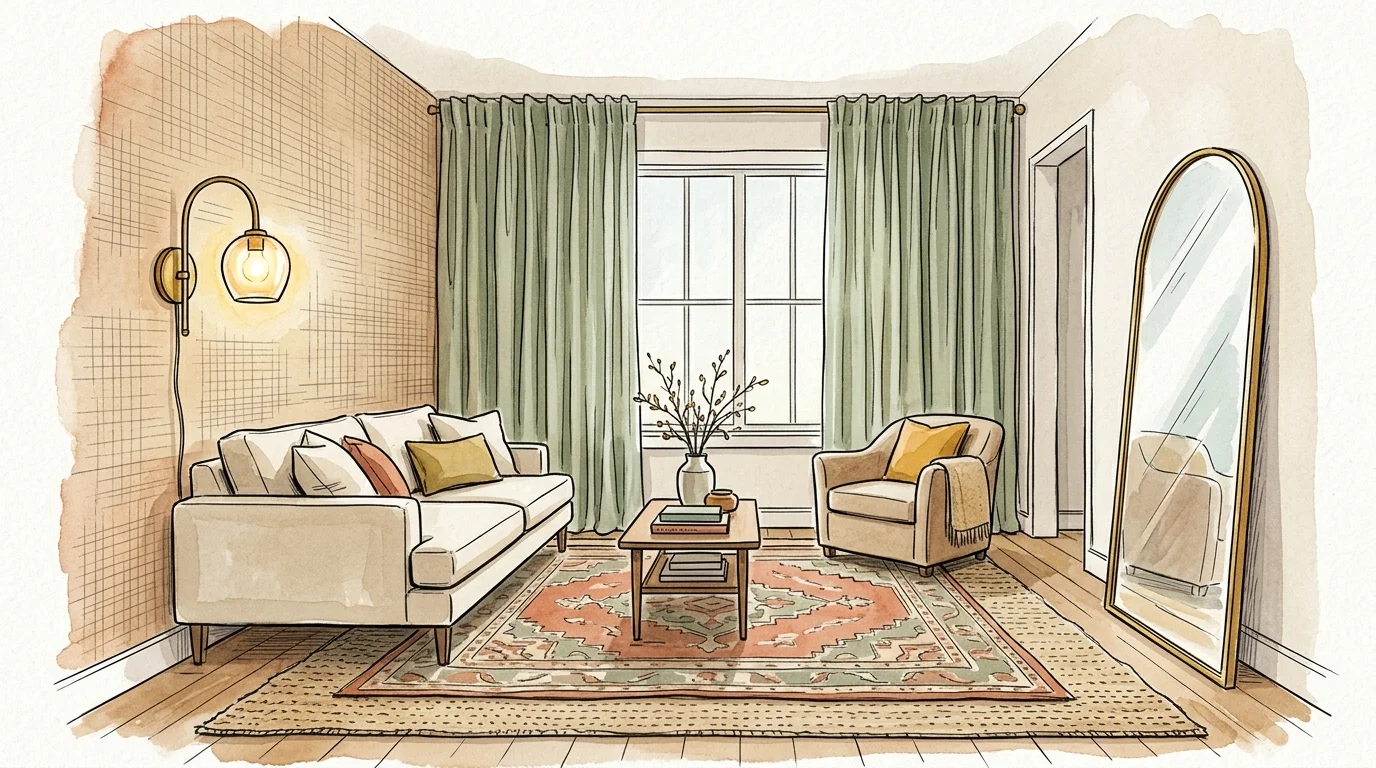 An artistic watercolor sketch showing a complete, styled rental living room combining layered rugs, tall drapes, and a low sofa.