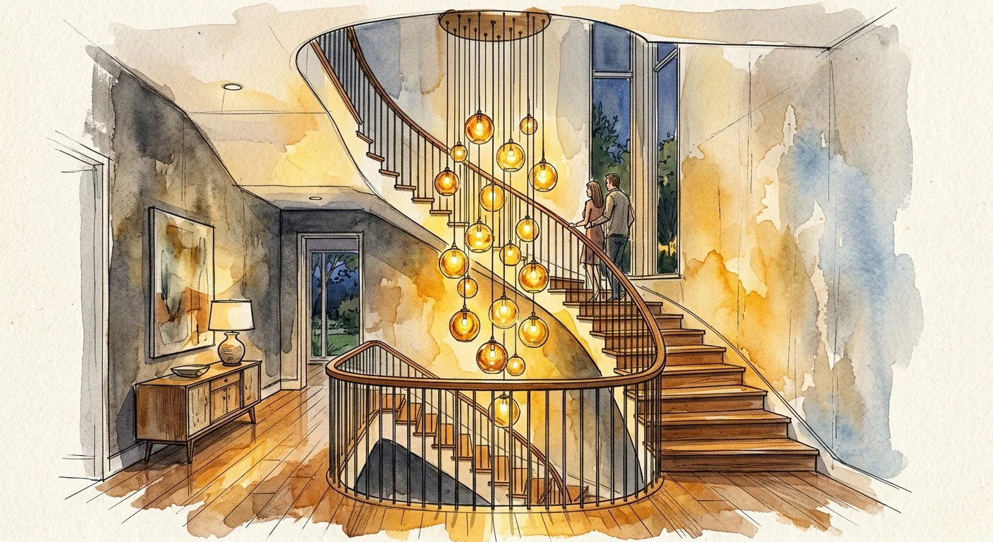 An artistic watercolor sketch showing a modern cascading glass pendant chandelier illuminating a multi-level staircase.