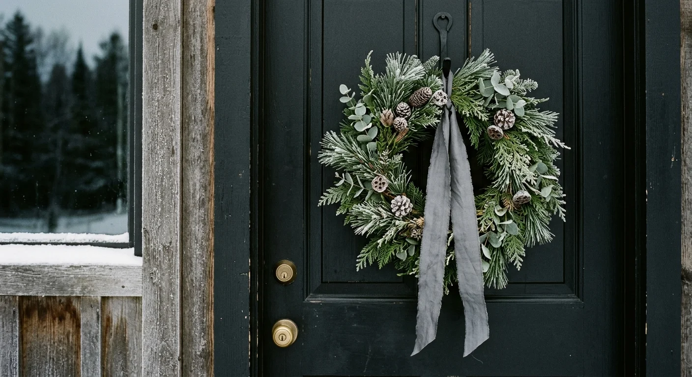 An asymmetrical winter wreath of pine and eucalyptus with a charcoal gray silk ribbon hanging on a modern matte-black front door.