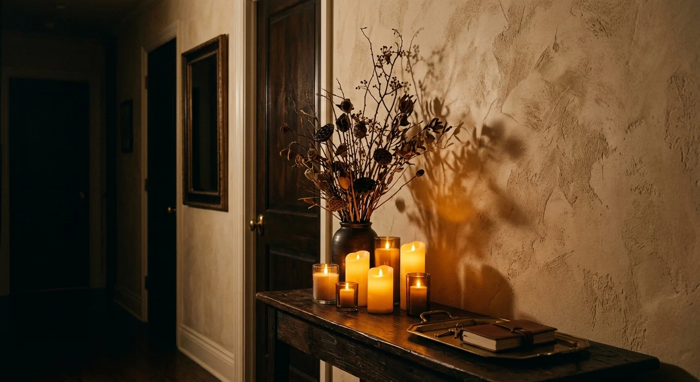 An atmospheric hallway scene illuminated by warm amber LED candlelight, casting soft shadows of branches onto a plaster wall.